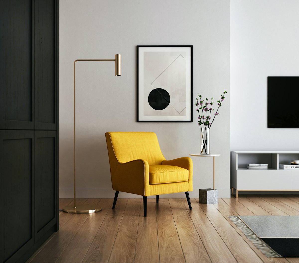 Salon z otwartą kuchnią w stylu premium – warm minimalism